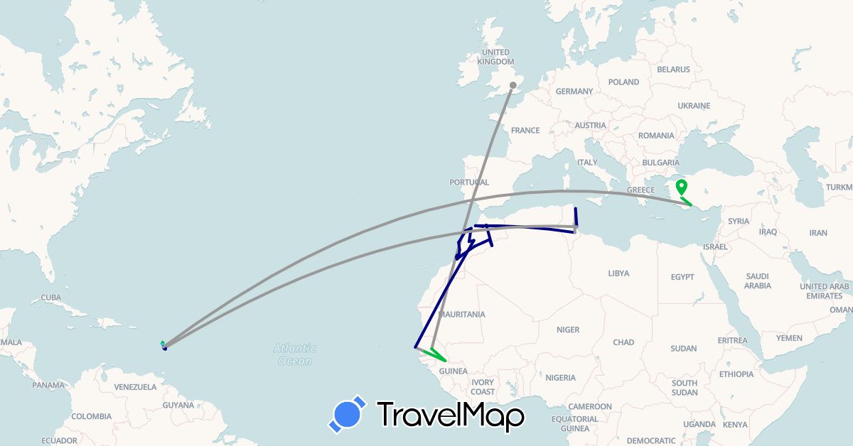 TravelMap itinerary: driving, bus, plane, boat in Dominica, Morocco, Martinique, Senegal, Tunisia, Turkey (Africa, Asia, North America)